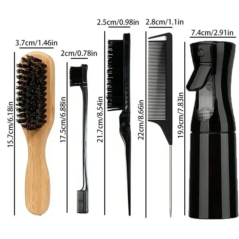 Black plastic spray bottle with transparent nozzle and trigger for hair styling suitable for all hair types