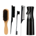 Black plastic spray bottle with transparent nozzle and trigger for hair styling suitable for all hair types