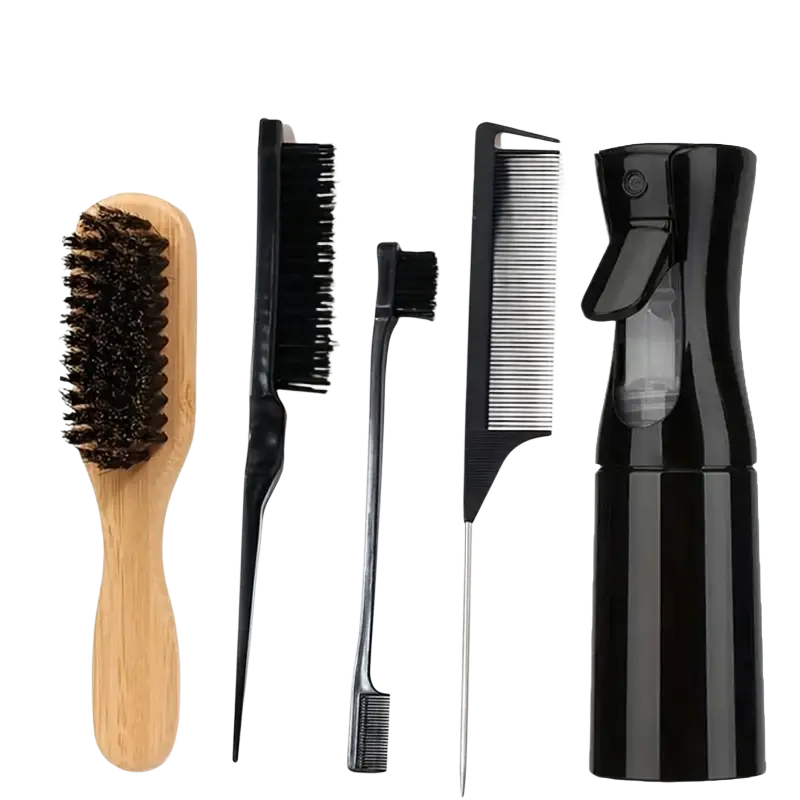 Black plastic spray bottle with transparent nozzle and trigger for hair styling suitable for all hair types