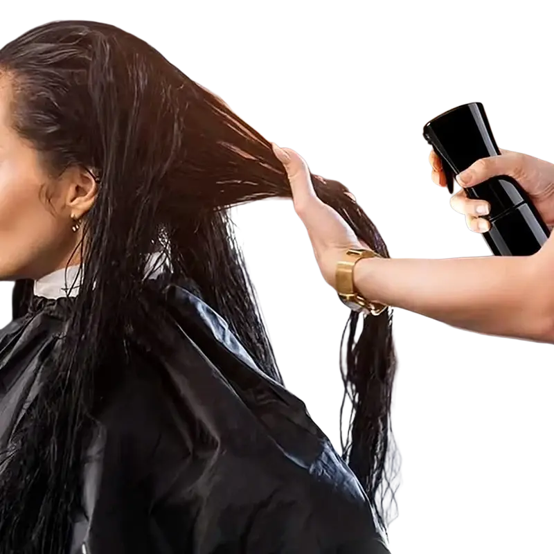 Black spray bottle with sleek cylindrical design for hair styling suitable for all hair types in a brush set