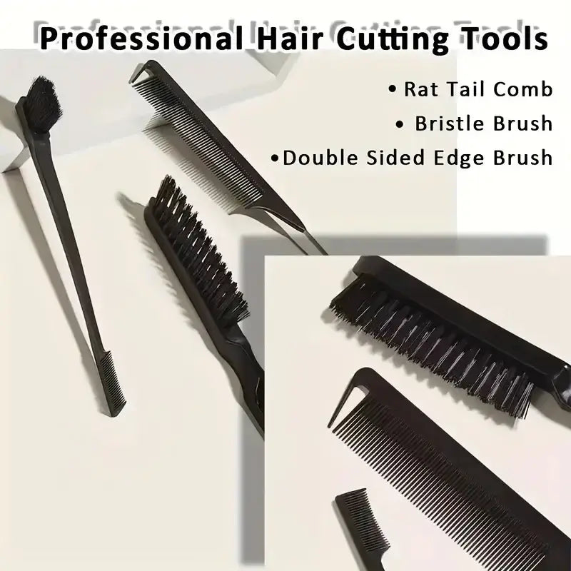 Set of professional black hair styling tools including rat tail comb bristle and double sided edge brushes for all hair types