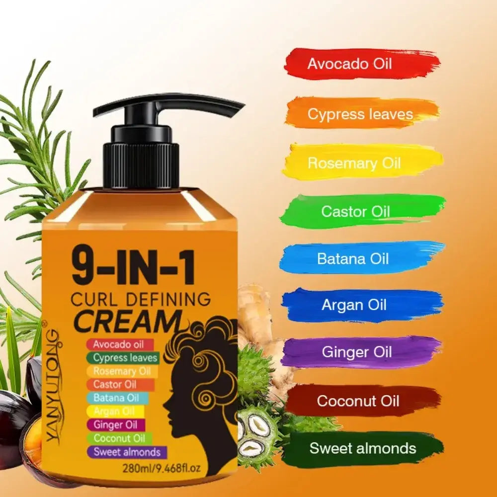 Orange 9-in-1 hair styling cream in clear bottle with black pump featuring avocado oil and coconut oil ingredients label