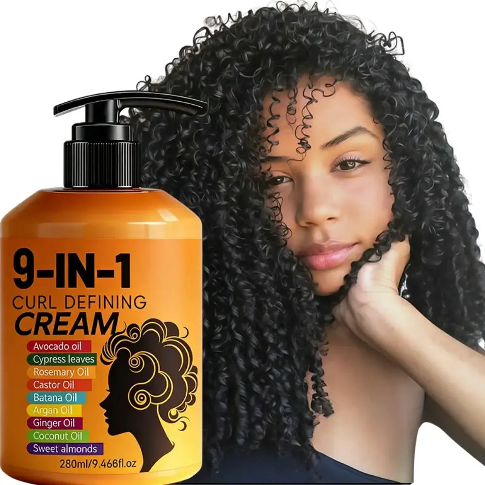 Orange 9-in-1 curl defining hair styling cream in a 280ml pump bottle with black cap and natural ingredients label