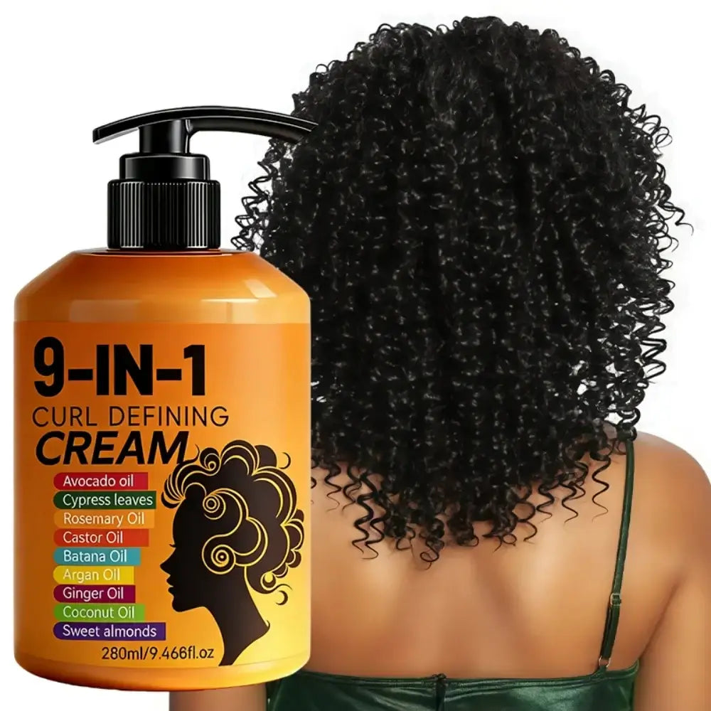Orange 9-in-1 hair styling cream with black pump dispenser for curly hair enriched with avocado rosemary and coconut oil