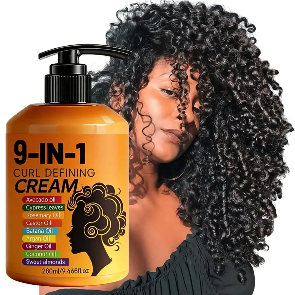 Orange bottle of hair styling cream 9-in-1 curl defining 280ml with black pump and ingredients for curly hair care