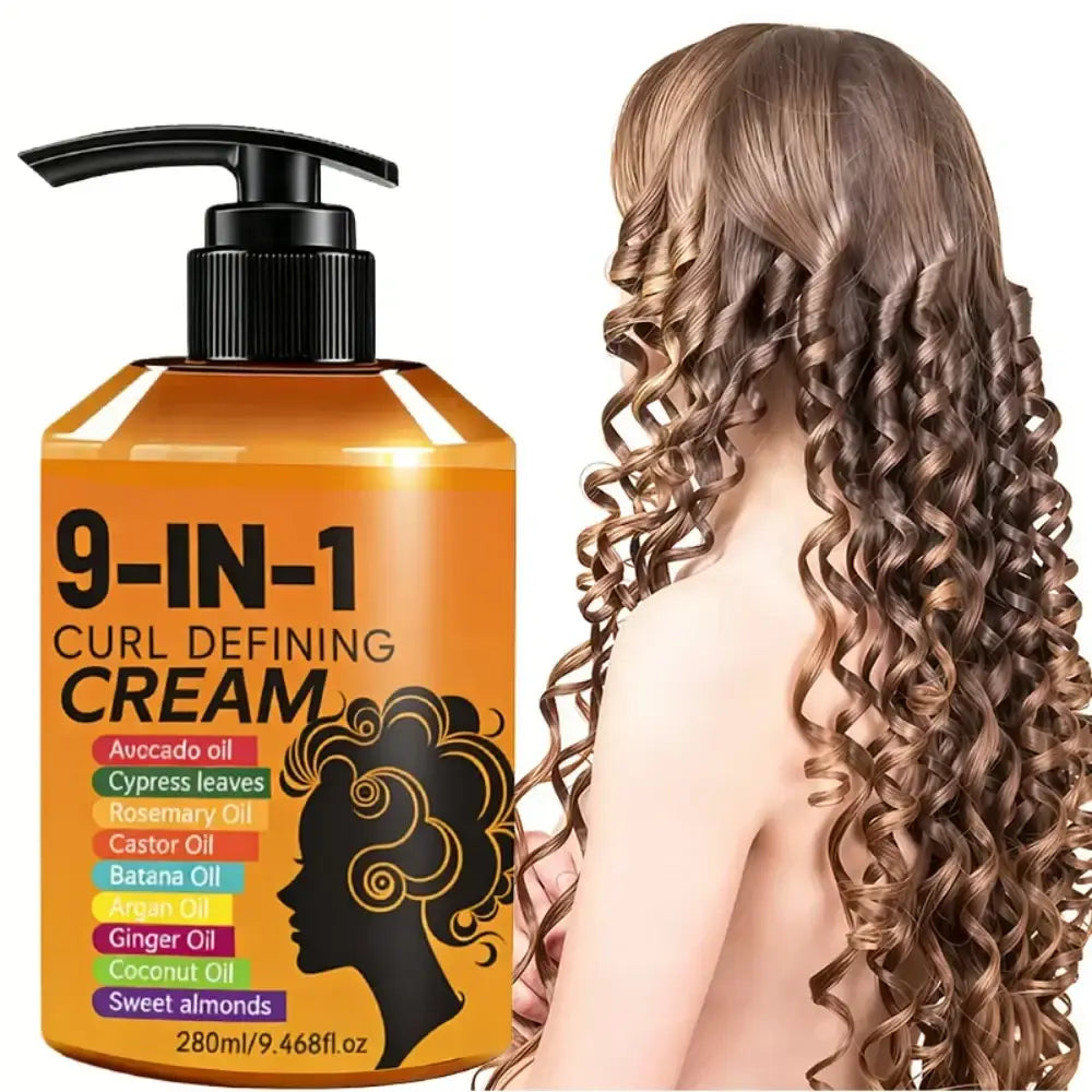 Orange bottle of 9-in-1 hair styling cream for curly hair with black pump and ingredients like avocado and rosemary oil