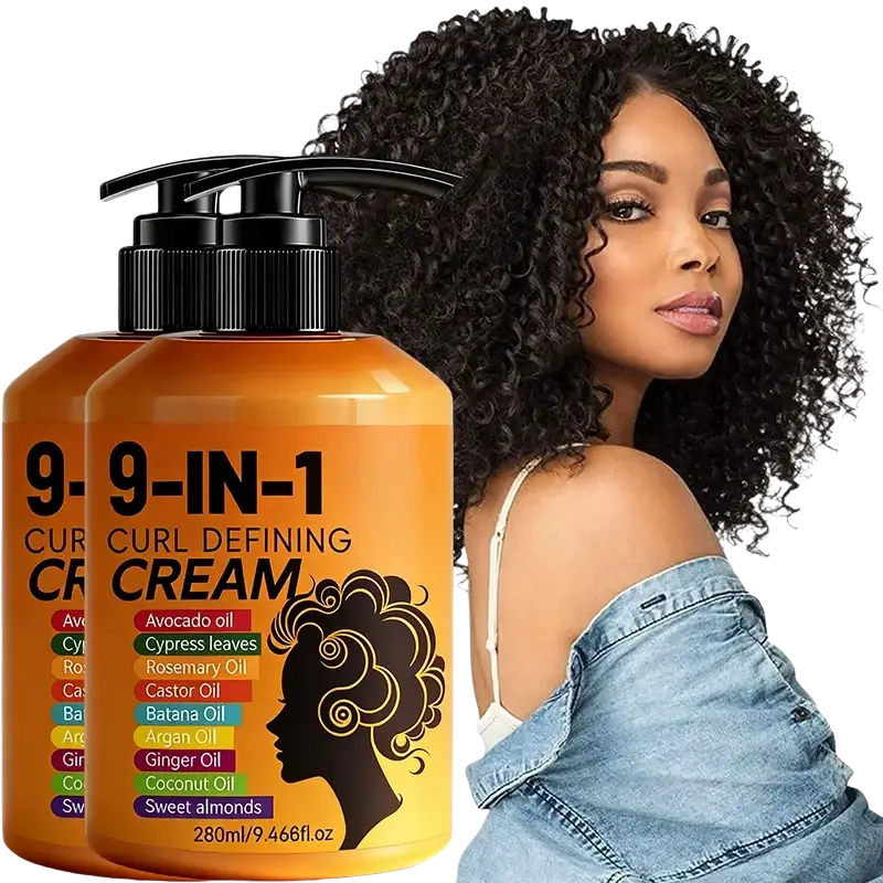 Orange pump bottle of 9-in-1 hair styling cream for curly hair with avocado, castor, and coconut oils label visible