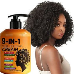 Orange pump bottle of 9-in-1 curl defining hair styling cream with black label and gold silhouette design 280ml