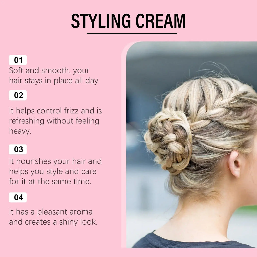 Blonde hair styled in an intricate braided updo showcasing the effect of anti frizz control hair styling cream