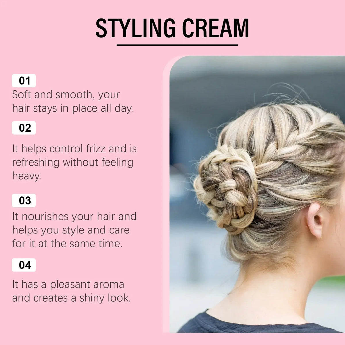 Blonde hair styled in an intricate braided updo showcasing the effect of anti frizz control hair styling cream