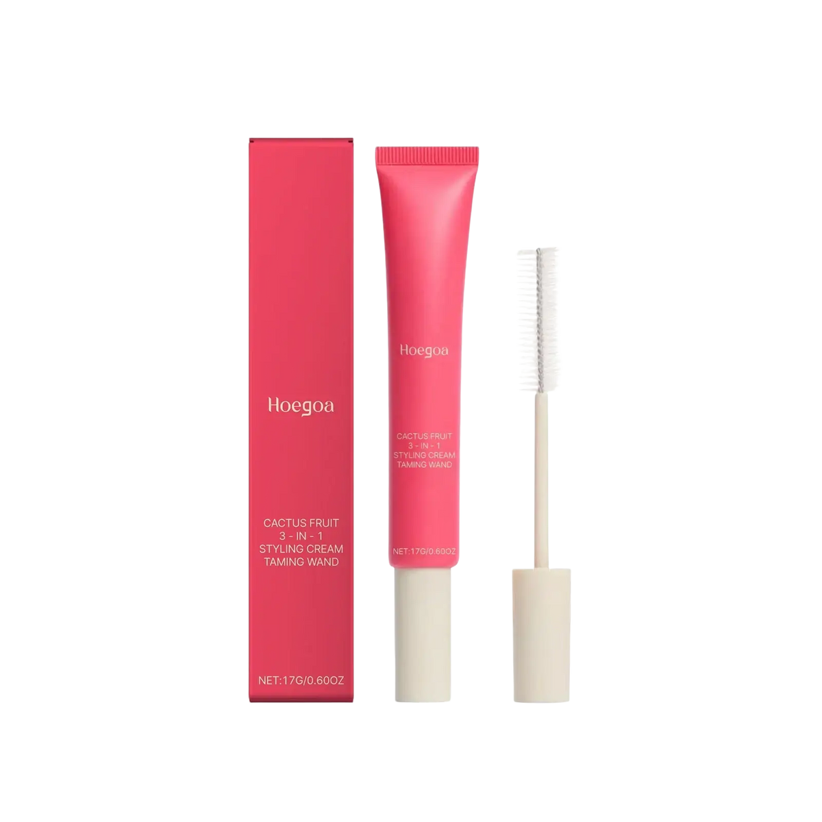 Pink hoegoa cactus fruit 3-in-1 hair styling cream with anti frizz control taming wand and white brush applicator