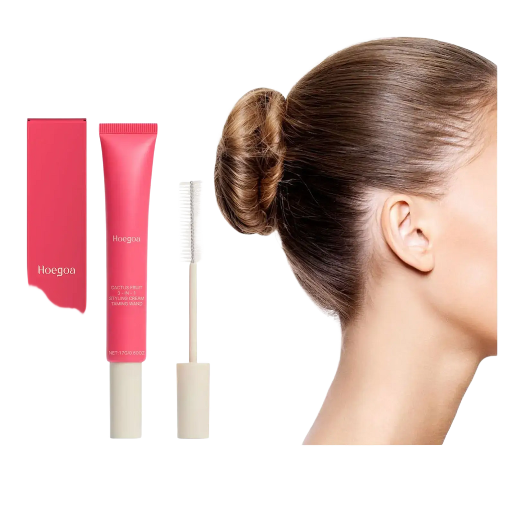 Pink tube of hoegoa cactus fruit 3-in-1 hair styling cream with beige wand and cap for anti frizz control hair styling