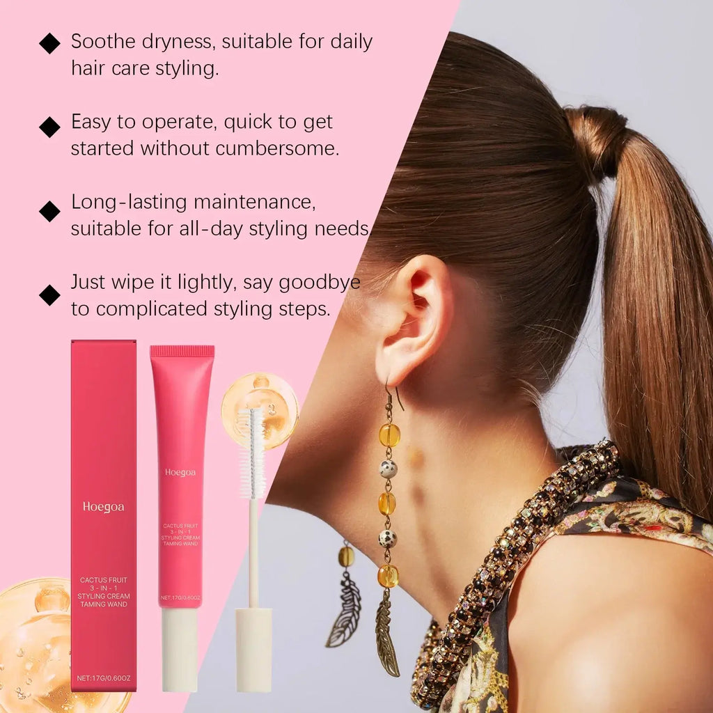 Pink tube of hoegoa cactus fruit 3-in-1 hair styling cream taming wand for anti frizz control and styling cream use