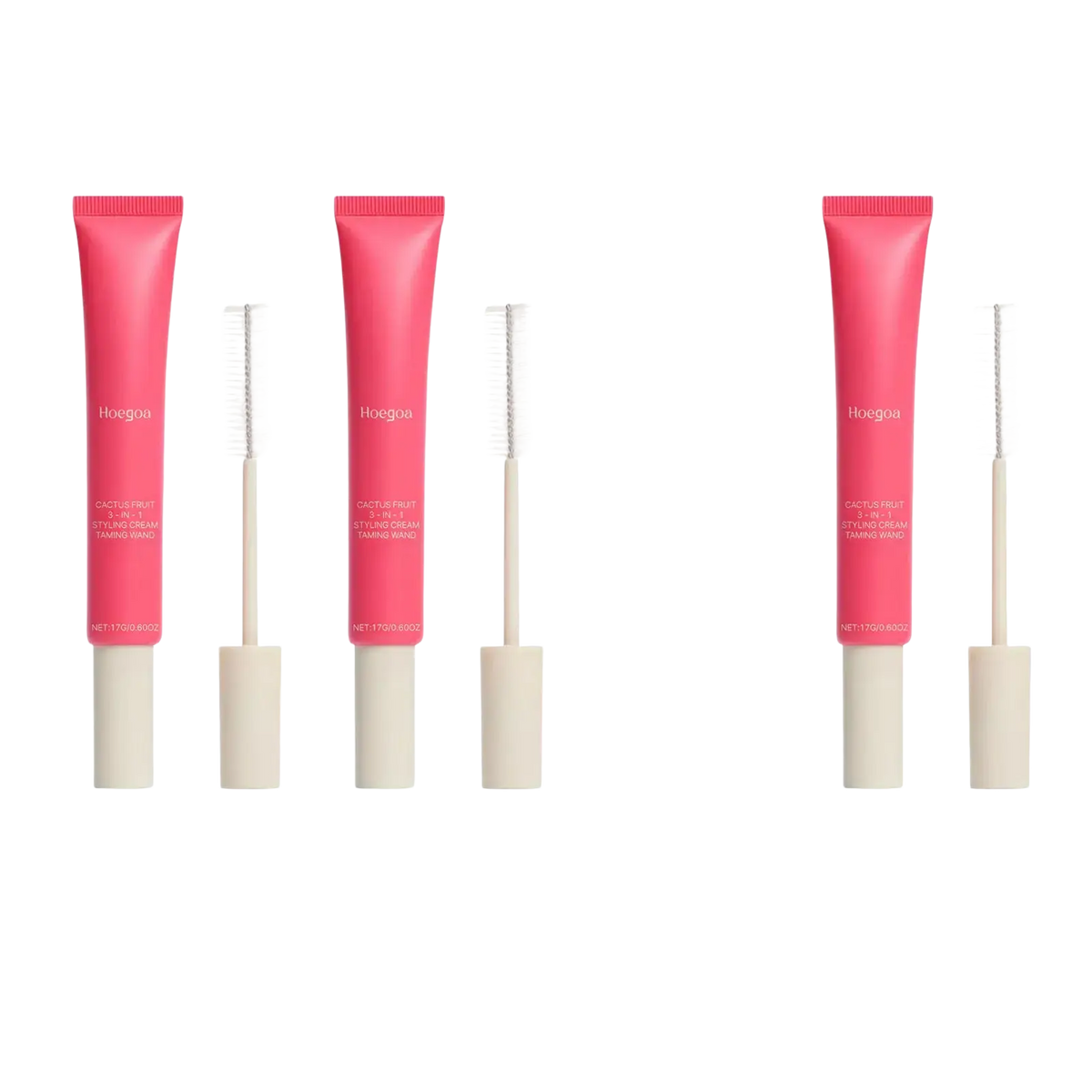 Three vibrant pink hair styling cream tubes with cream-colored caps for anti frizz control and styling hair