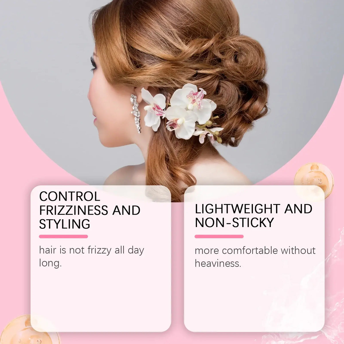 White orchid hair accessory with pink and gold accents styled with hair styling cream for anti frizz control