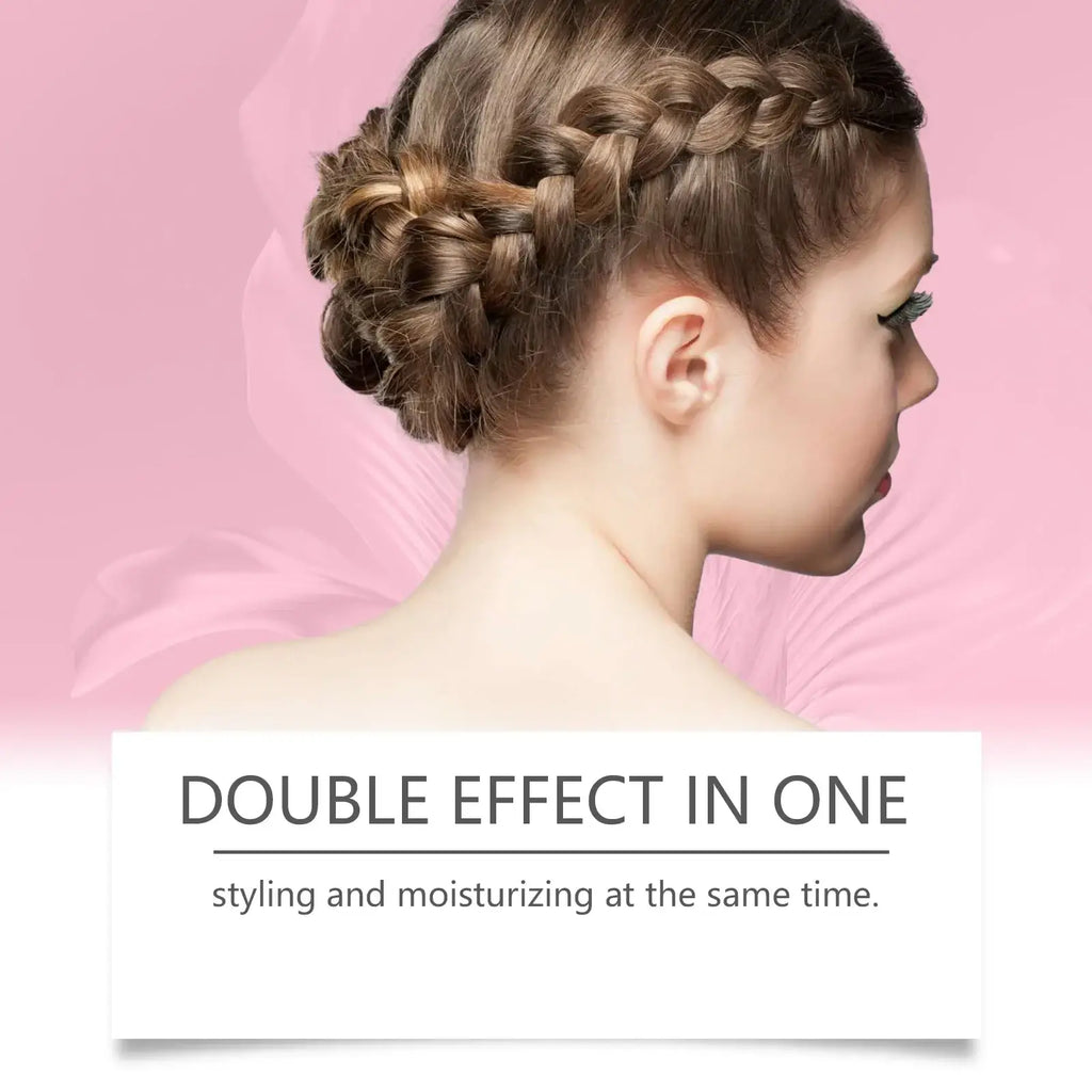 A woman with brown hair in an intricate braided updo with bun showcasing hair styling cream anti frizz control benefits