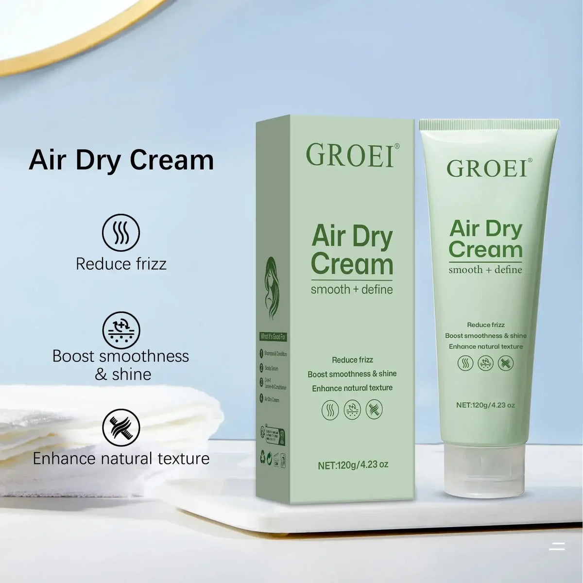 Groei hair styling cream in a sleek light green tube with nourishing formula for air dry styling 120g packaging