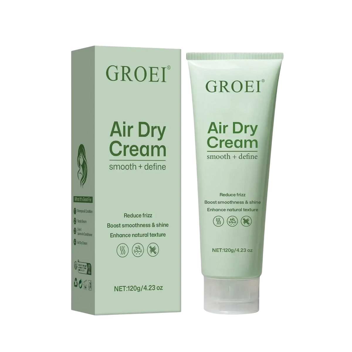 Groei hair styling cream nourishing air dry cream 120g in sleek light green tube with matching box for smoothing texture