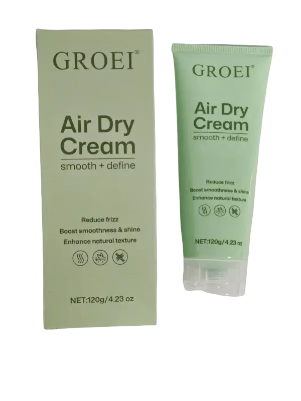 Light green tube of grooï hair styling cream with clear cap featuring a nourishing formula for smoothing and defining hair texture