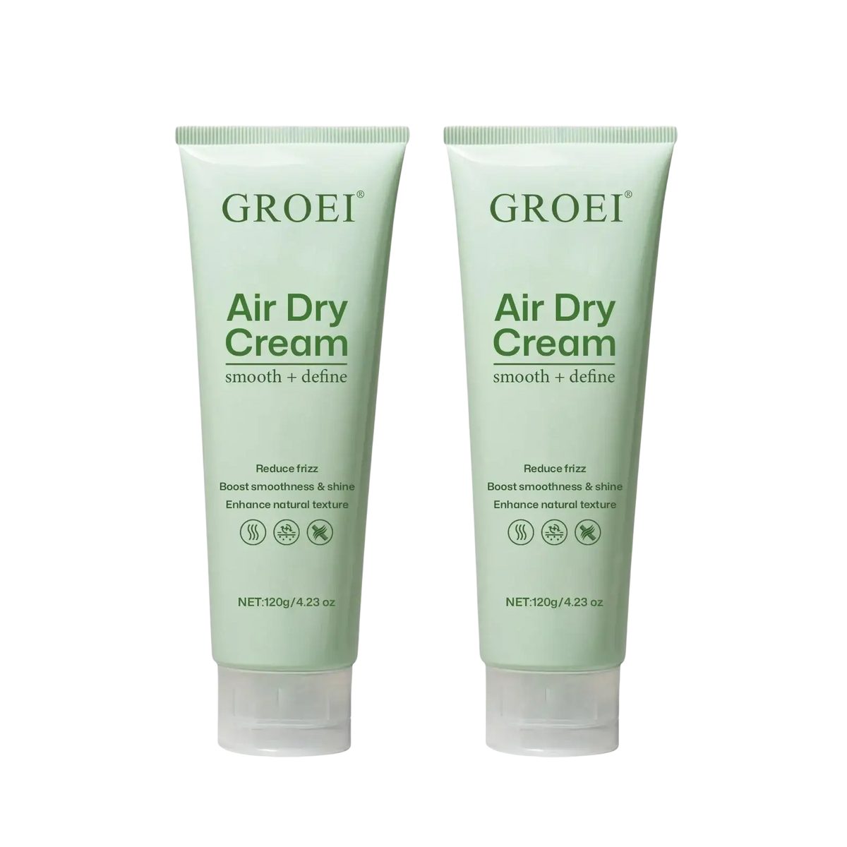 Two light green hair styling cream tubes with nourishing formula air dry cream 120g and matte white caps
