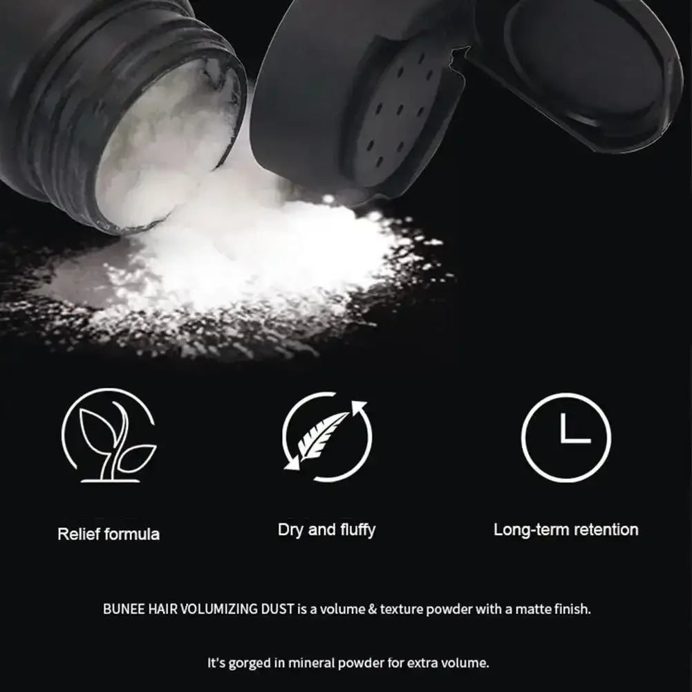 Black buneé hair styling powder oil control volume dust container pouring white matte finish volumizing powder