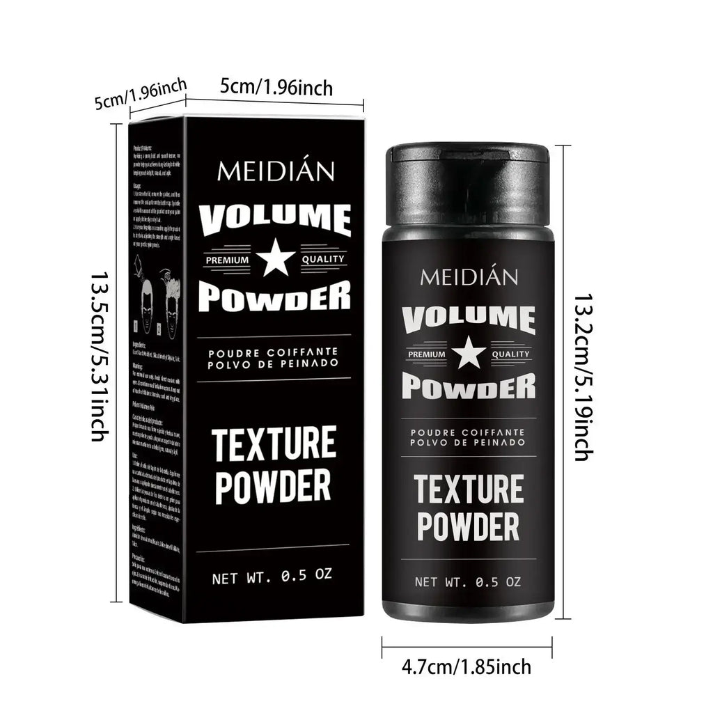 Black cylindrical container of meidian hair styling powder with silver text and star logo for oil control volume