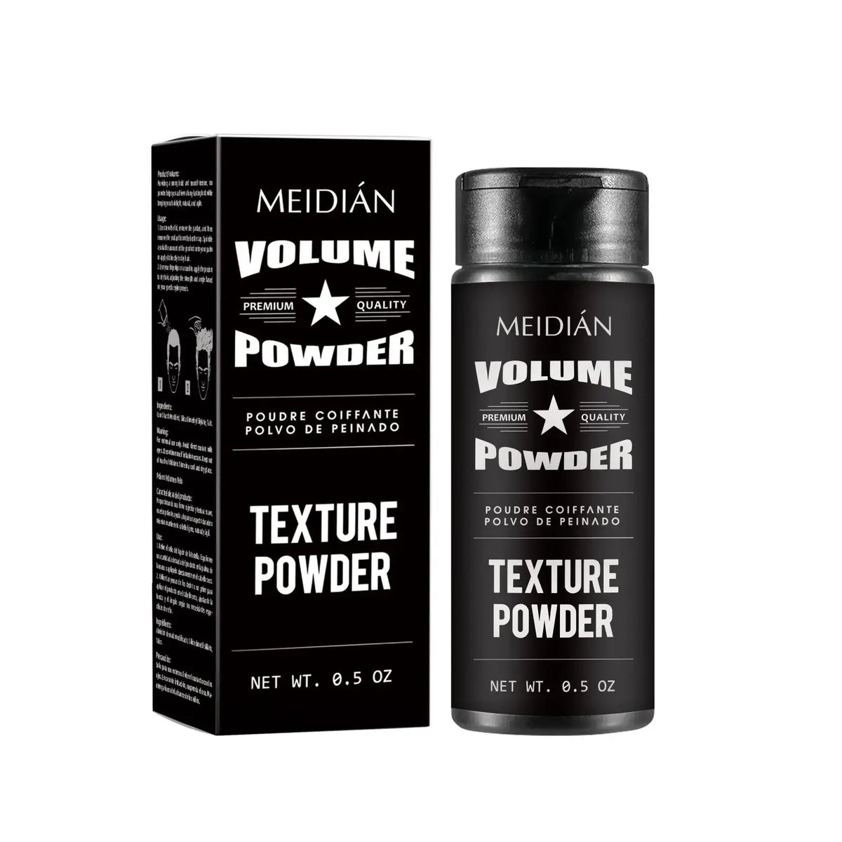 Black cylindrical container of meidian hair styling powder with silver text and black cap for oil control volume