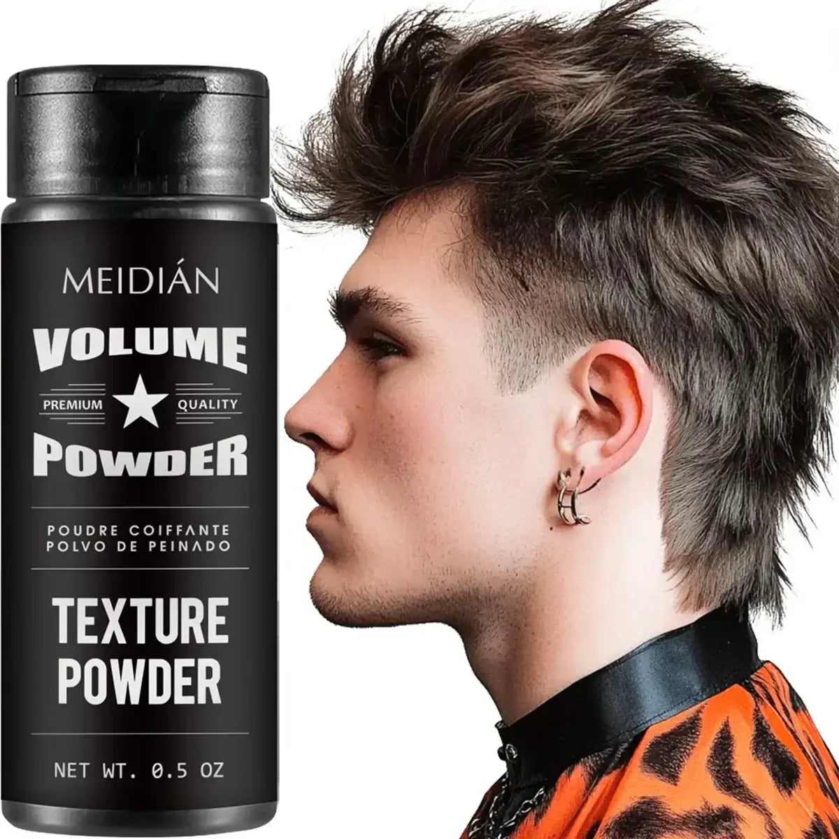 Black cylindrical container of meidian hair styling powder for oil control volume with white text and star logo