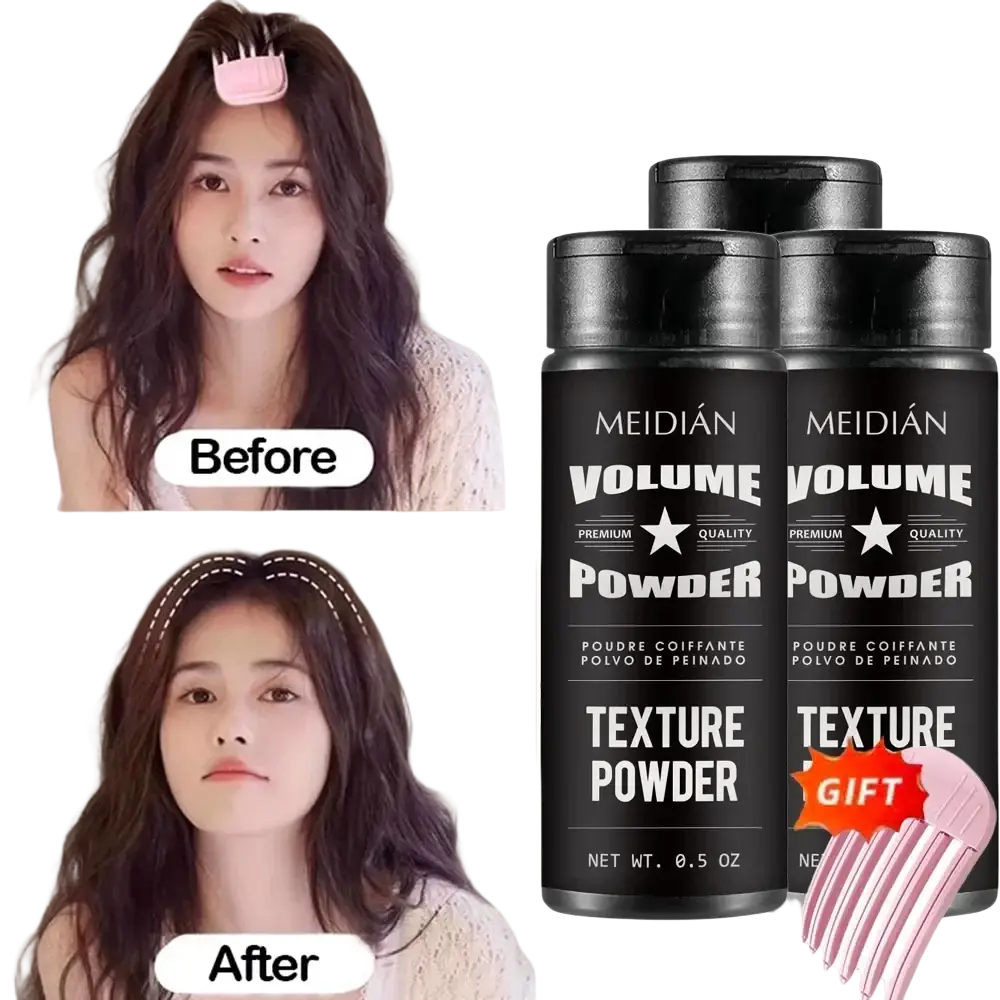 Black cylindrical containers of hair styling powder with oil control and pink comb accessory for volume styling