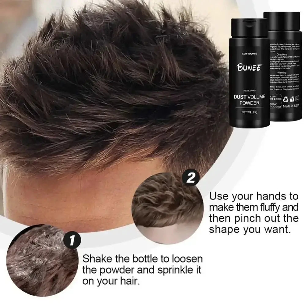 Black cylindrical bottle of bunee dust volume powder with white label and black cap for oil control hair styling