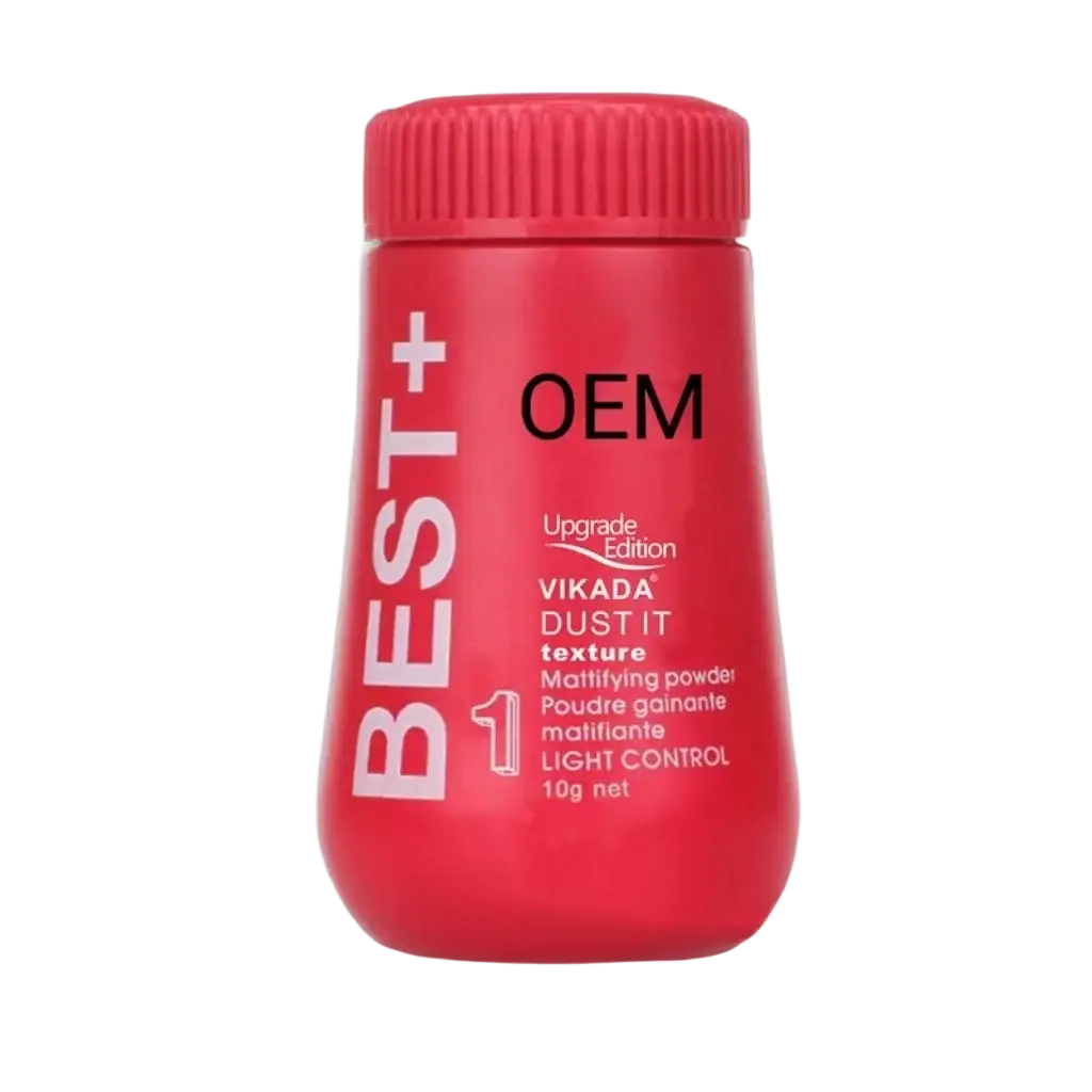 Bright red plastic hair styling powder bottle with ribbed cap labeled best plus oem vikada dust it texture matifying powder for oil control