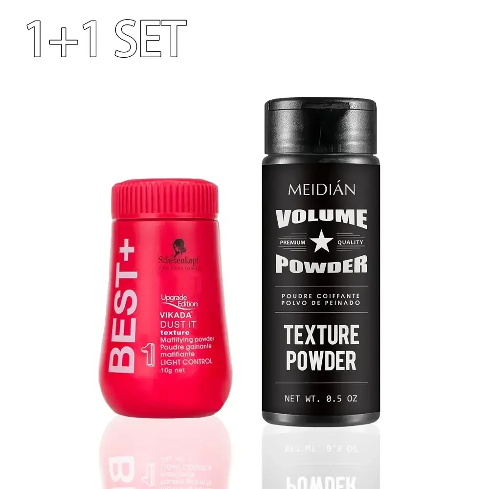 Red and black matte plastic hair styling powder containers with bold white lettering for oil control and volume