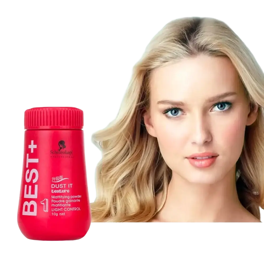 Red cylindrical container of schwarzkopf best plus dust it hair styling powder for oil control and volume boosting