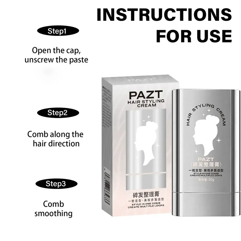 Silver cylindrical hair styling wax cream stick with built-in comb and engraved silhouette design for use in a dry place