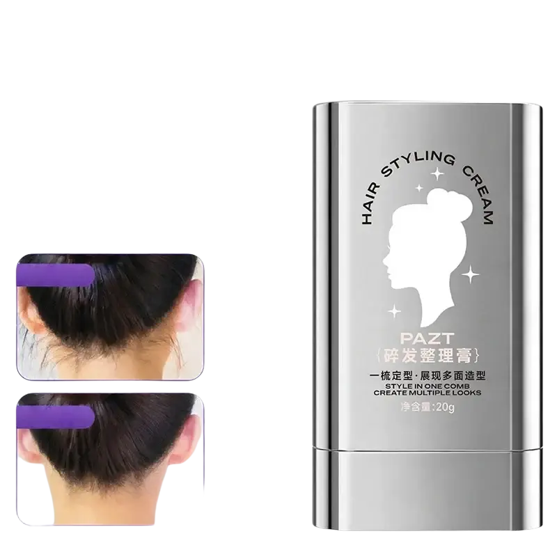 Silver cylindrical tube of pazt hair styling wax cream with built-in comb and metallic finish for use in a dry place
