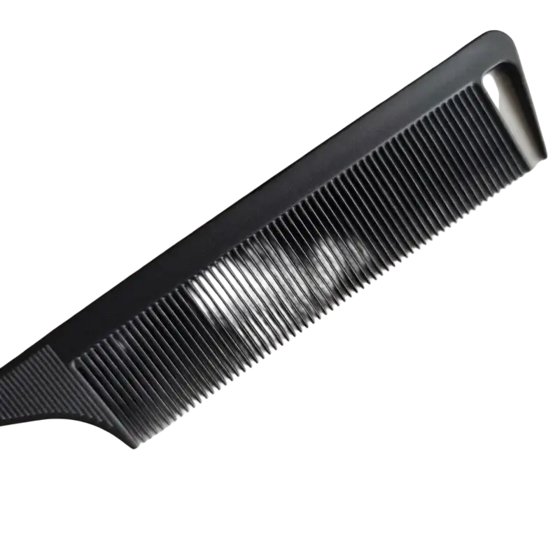 Black plastic hair tail comb with evenly spaced teeth and smooth curved handle for tail combs salon styling use