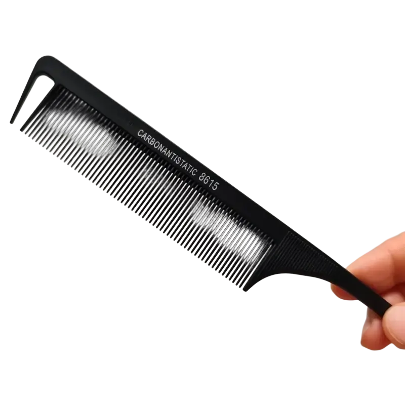 Black carbon hair tail comb with fine teeth and ergonomic handle for tail combs salon and combs salon cut styling use
