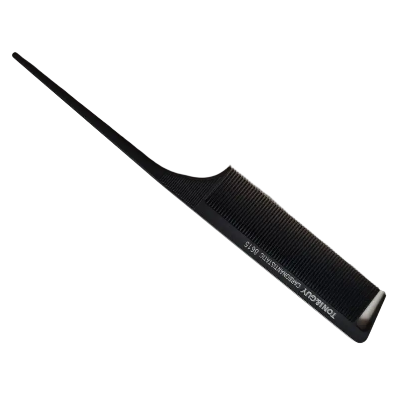 Black tonic guy hair tail comb made of carbon fiber with sleek design and fine teeth for precise salon cut styling