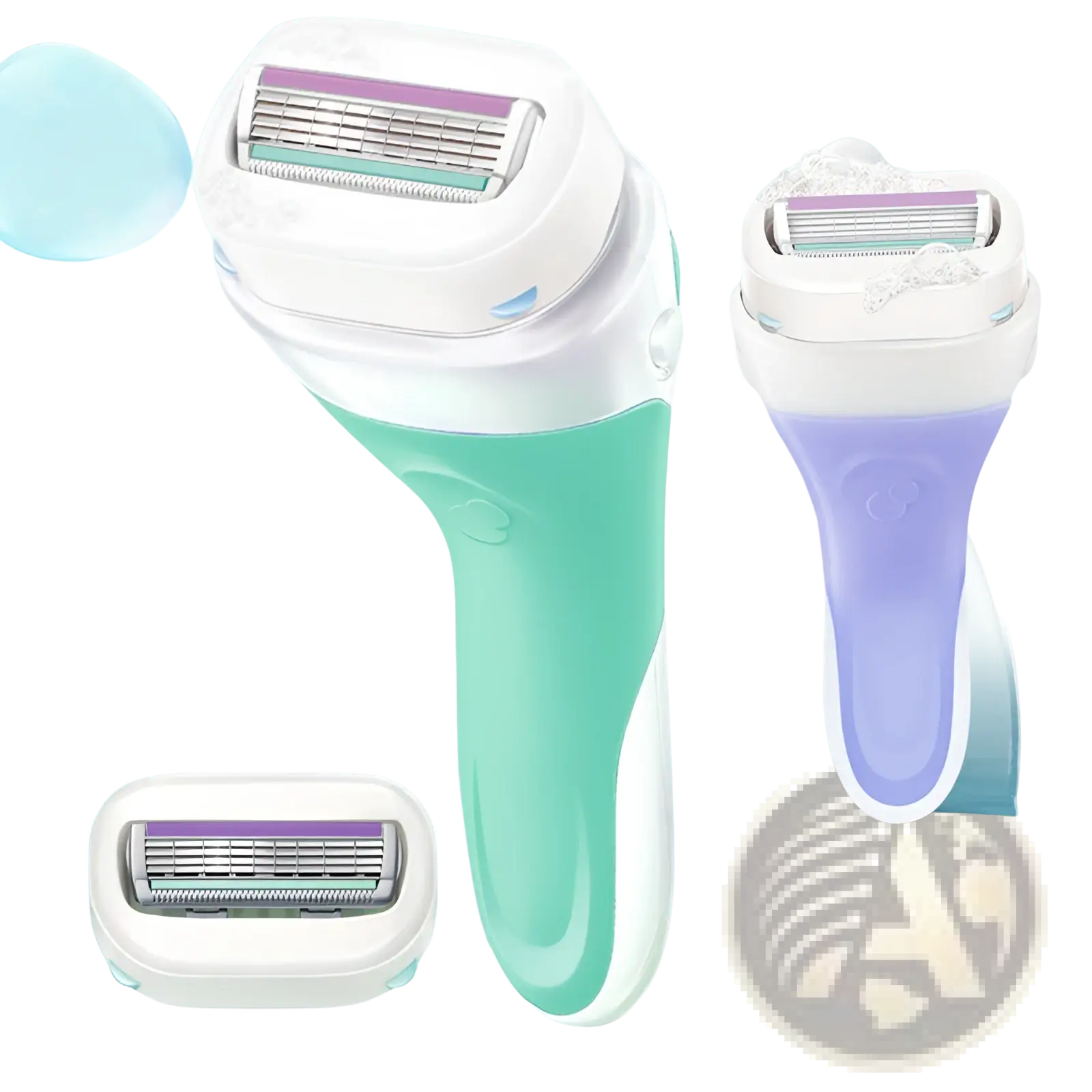 A sleek two-toned electric hair trimmer and razor set with a white and mint green handle and purple blades for sensitive skin