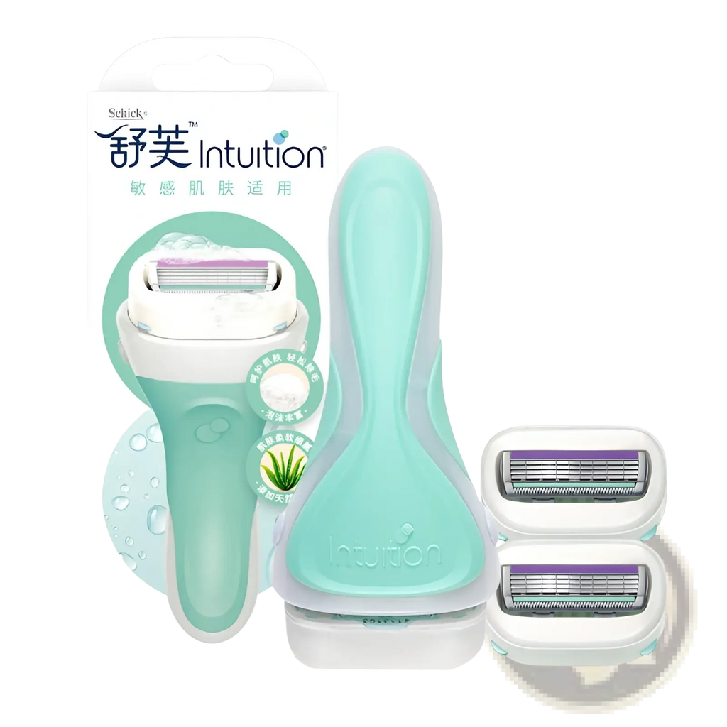 Mint green and white schick intuition women’s razor with two replacement blades in hair trimmer and razor set for sensitive skin