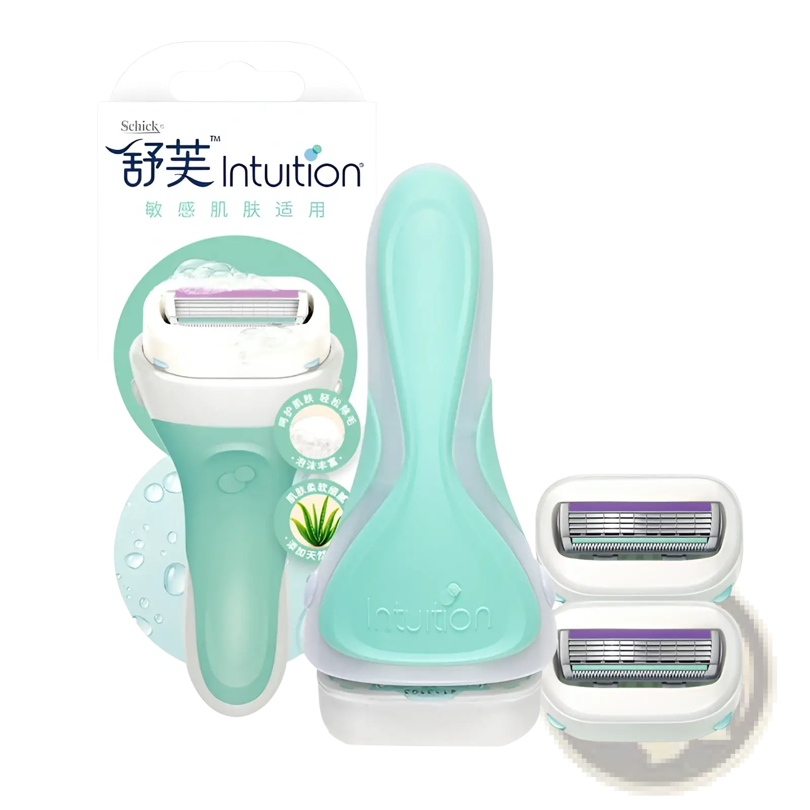 Mint green and white schick intuition women’s razor with two replacement blades in hair trimmer and razor set for sensitive skin