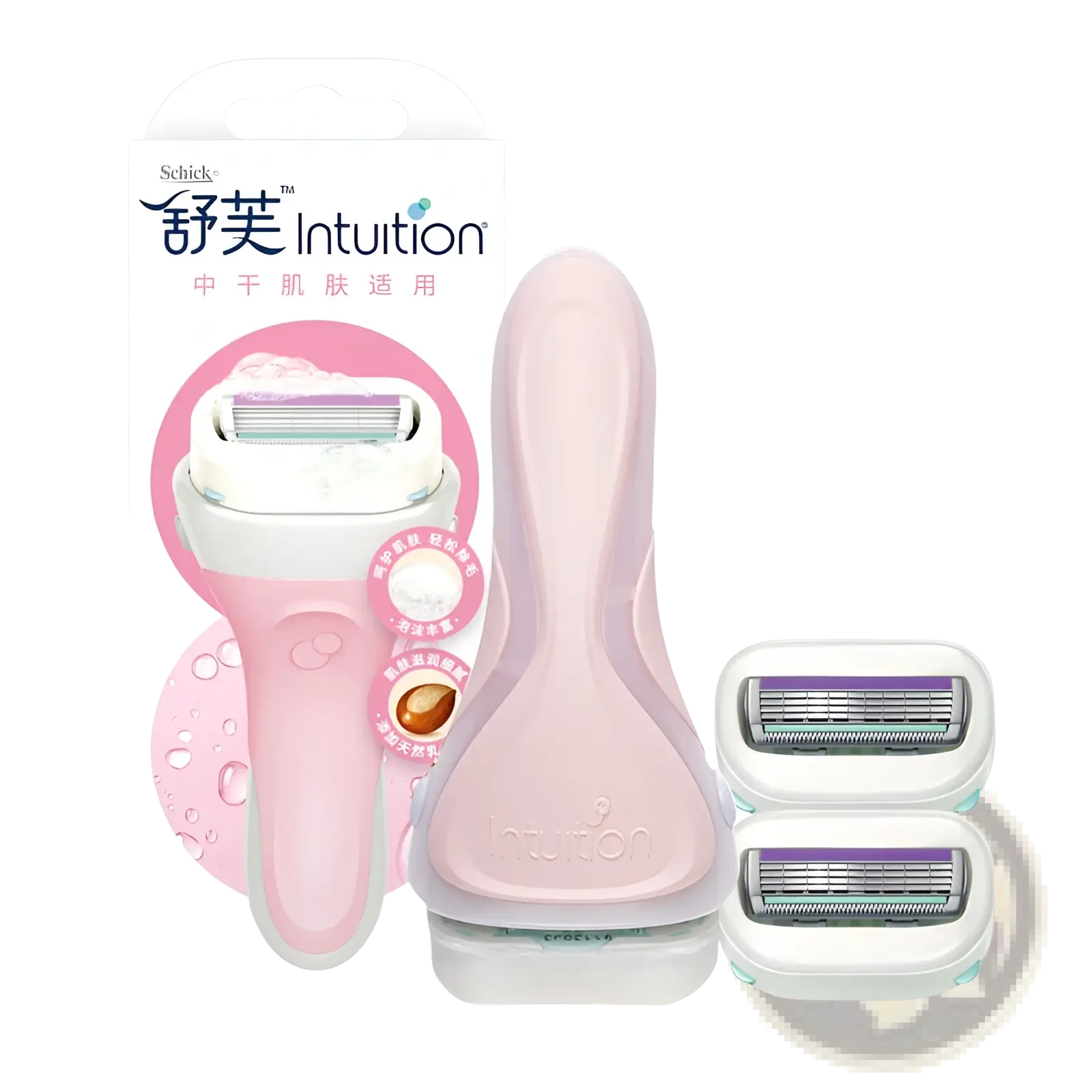 Pink and white Schick Intuition women’s razor with two replacement blades for sensitive skin hair trimming and shaving