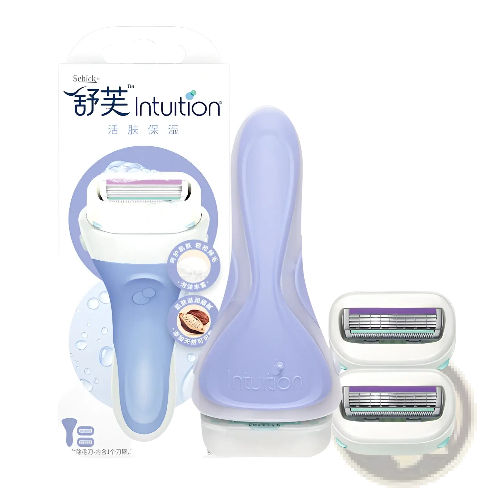 Lavender-colored schick intuition women’s razor with two replacement blades designed for sensitive skin hair trimming