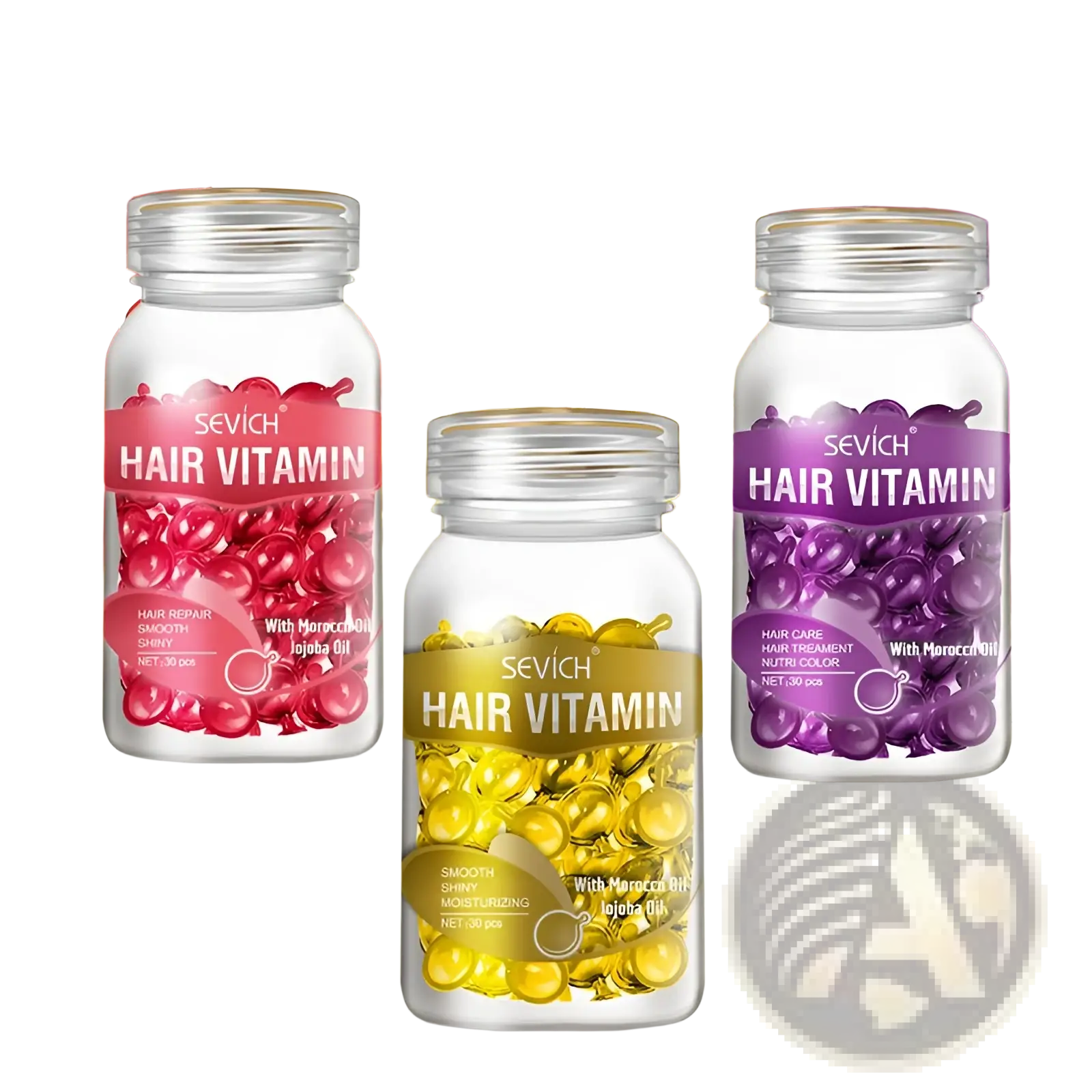 Three transparent bottles of sevich hair vitamin capsules in red gold and purple for repair smooth shine and nourishment