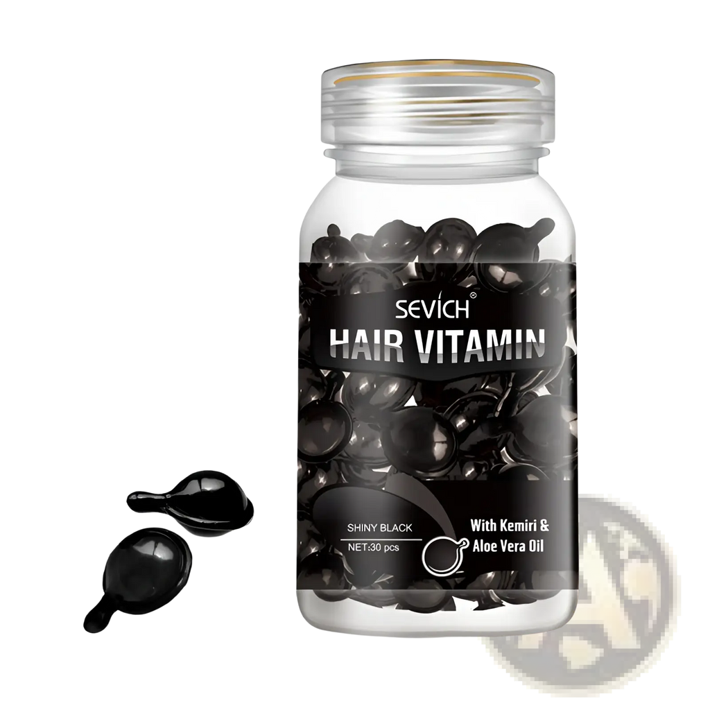 A clear glass bottle of sevich hair vitamin capsules containing 30 shiny black gel ampoules with a silver lid for repair and shine