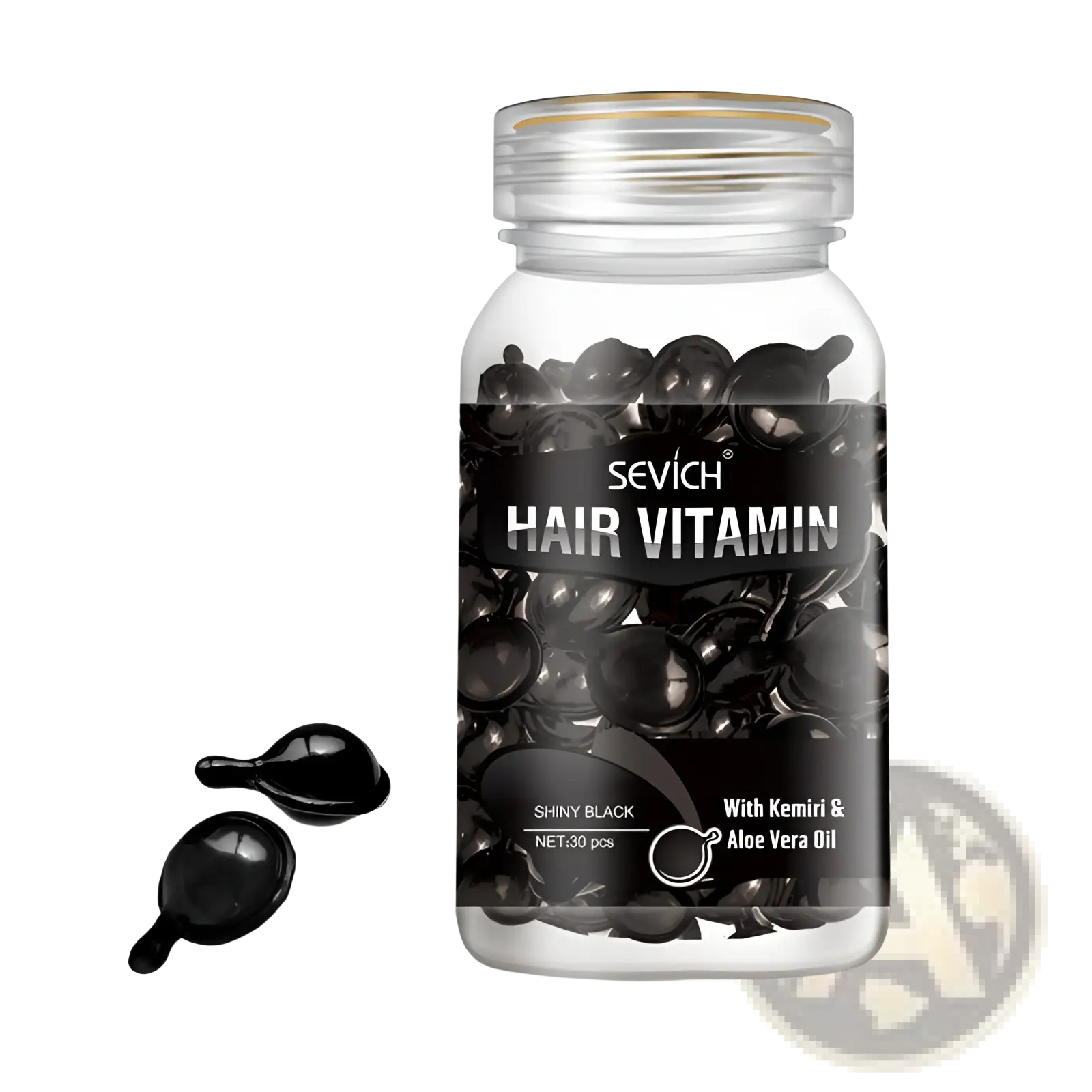 A clear glass bottle of sevich hair vitamin capsules containing 30 shiny black gel ampoules with a silver lid for repair and shine