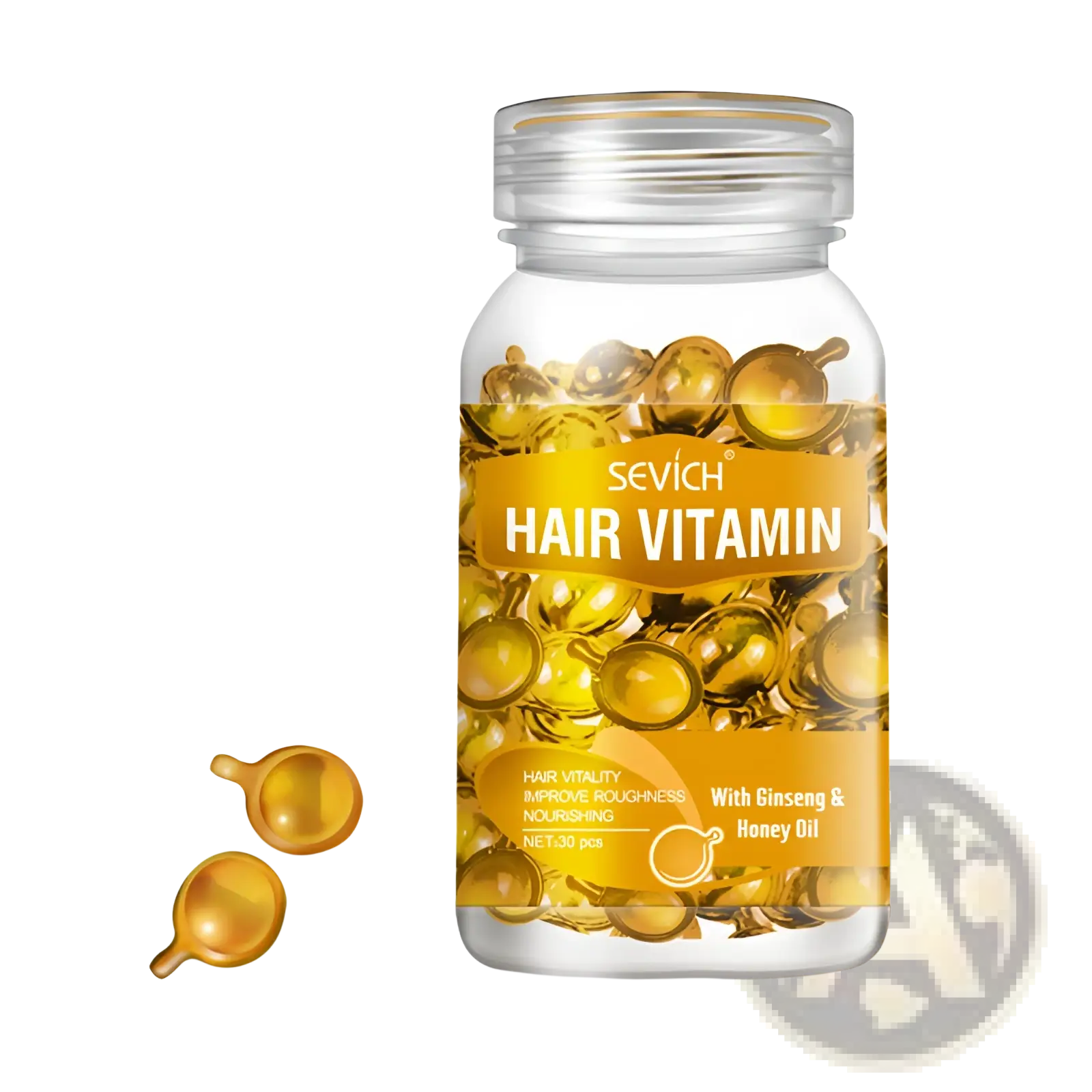 Transparent glass bottle of sevich brand gold hair vitamin capsules with an orange-yellow label for repair and shine