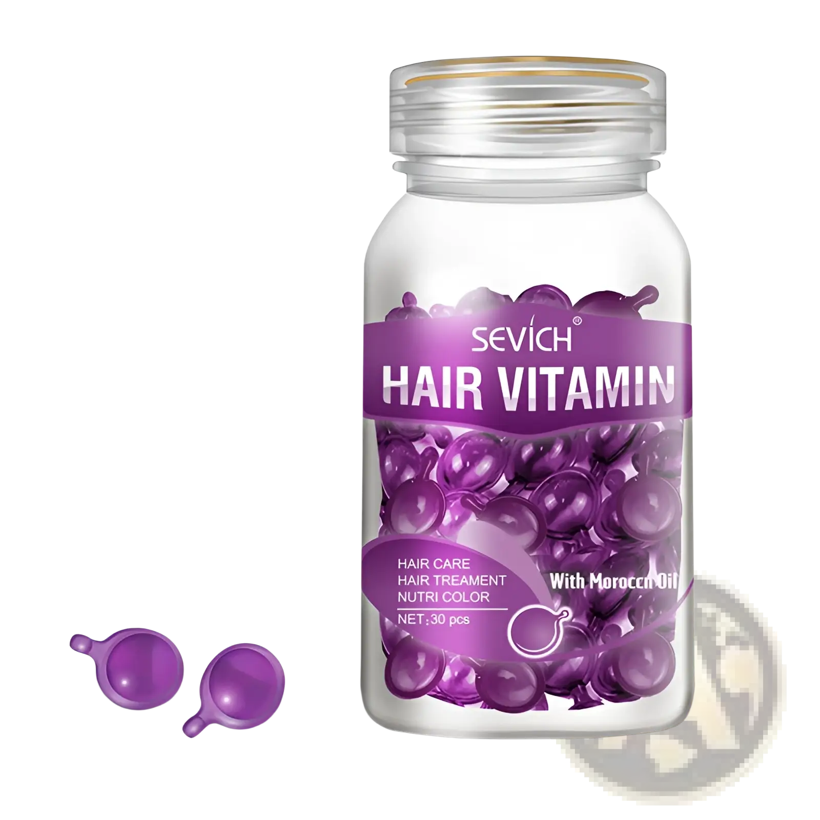 A clear glass bottle with a purple label containing 30 purple gel hair vitamin capsules for repair and smooth shine