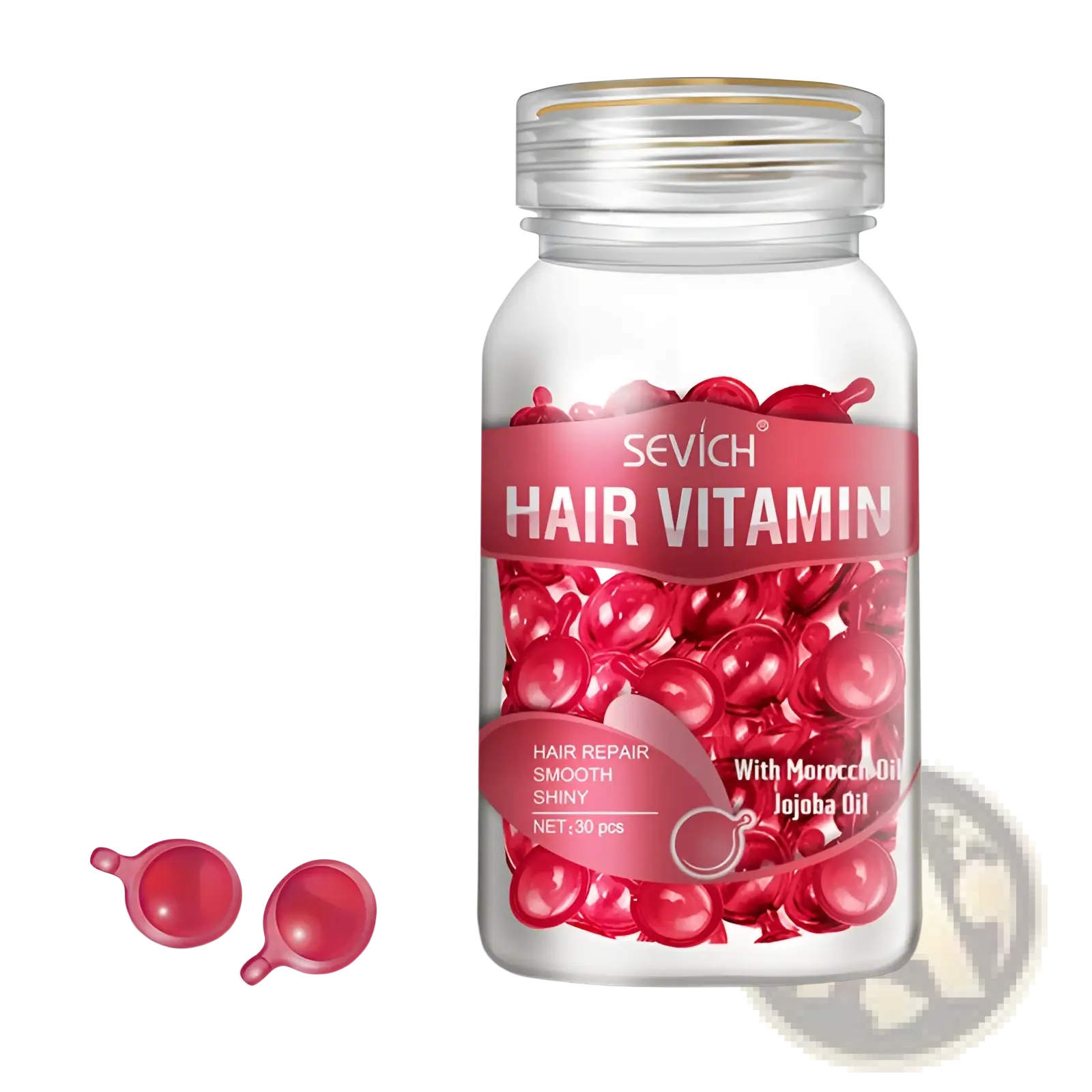 A clear glass bottle of Sevich hair vitamin capsules with red glossy capsules and a silver screw-top lid for repair and smooth shine
