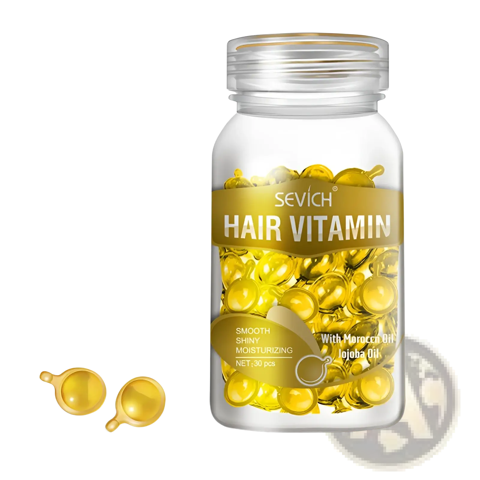 Transparent glass bottle of sevich gold hair vitamin capsules containing 30 golden repair and smooth shine essences